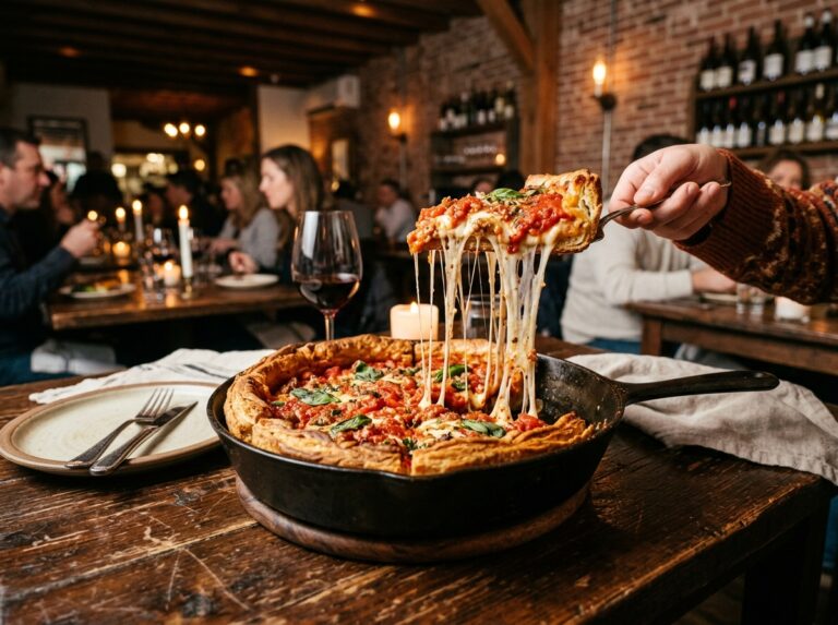 A savory deep-dish pizza representing 10 iconic American foods to try