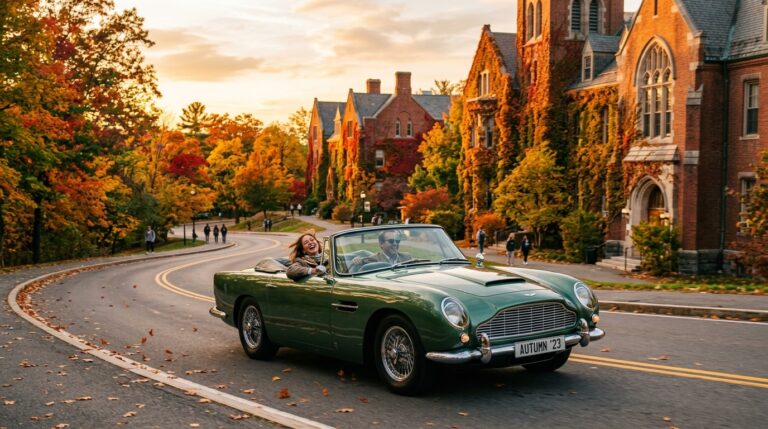 4 Days in College Towns sports car cruising along specific scenic highways during an autumn campus road trip