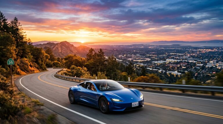 5 Days in Silicon Valley electric vehicle driving along specific scenic highways at dusk