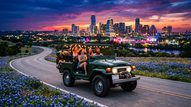 4 Days in Austin Festivals open-top adventure vehicle driving along specific scenic highways during a festive cultural tour