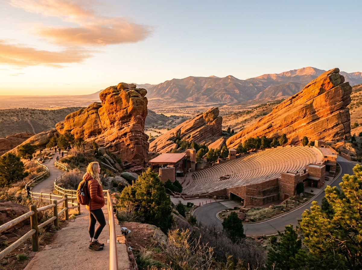 Denver Itinerary Guide 3 Days panoramic morning views at Red Rocks Amphitheatre.