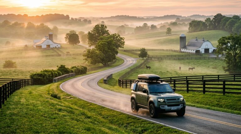 4 Days in Louisville & Kentucky Bourbon Trail adventure SUV driving past historic stone fences and emerald horse pastures