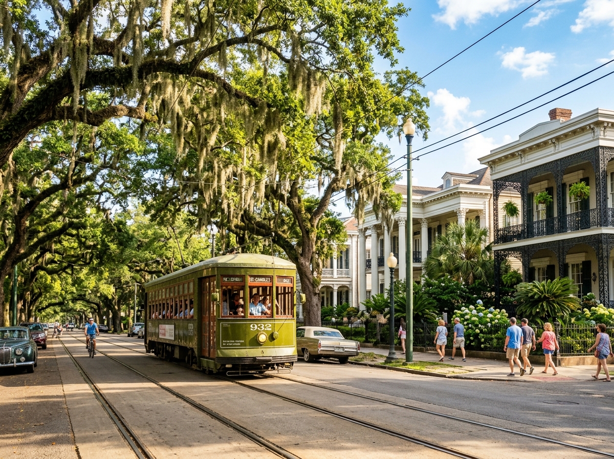 4 Cultural Days in New Orleans historic streetcar on St. Charles Avenue.