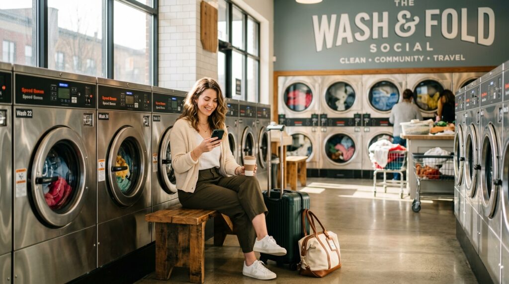 A traveler managing Laundry in the U.S. at a modern, clean American laundromat.