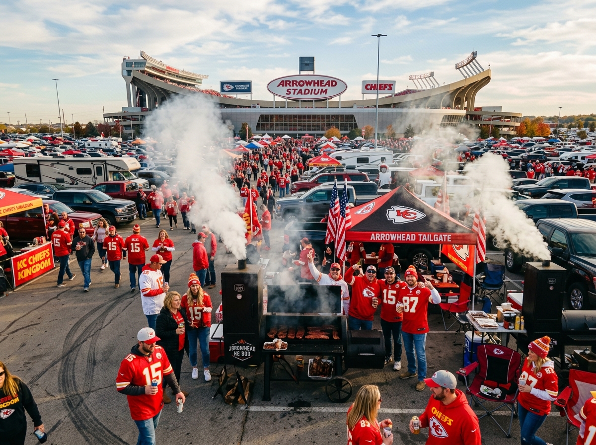 Kansas City Itinerary Guide 3 Sporty Days massive tailgating crowds outside Arrowhead Stadium.