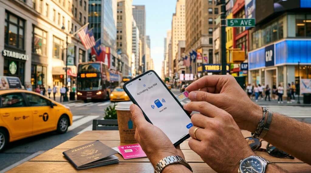 A traveler holding a smartphone with a U.S. SIM Card tray open against a bustling New York street background.
