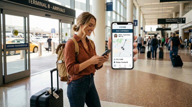 A traveler booking a ride using Uber and Lyft in the U.S. on their smartphone at a busy airport arrival terminal.