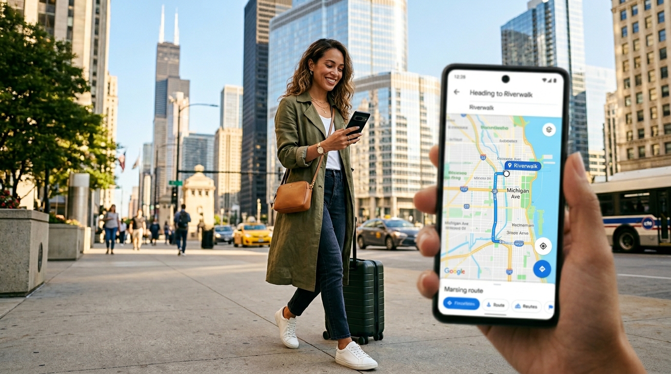 A traveler managing multiple apps for tourists in the U.S. while exploring a bustling American city square.