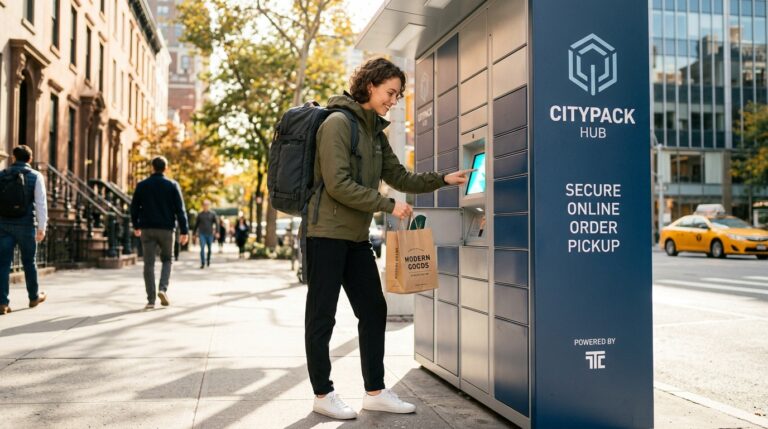 A traveler picking up packages in the U.S. using a secure digital delivery locker system.