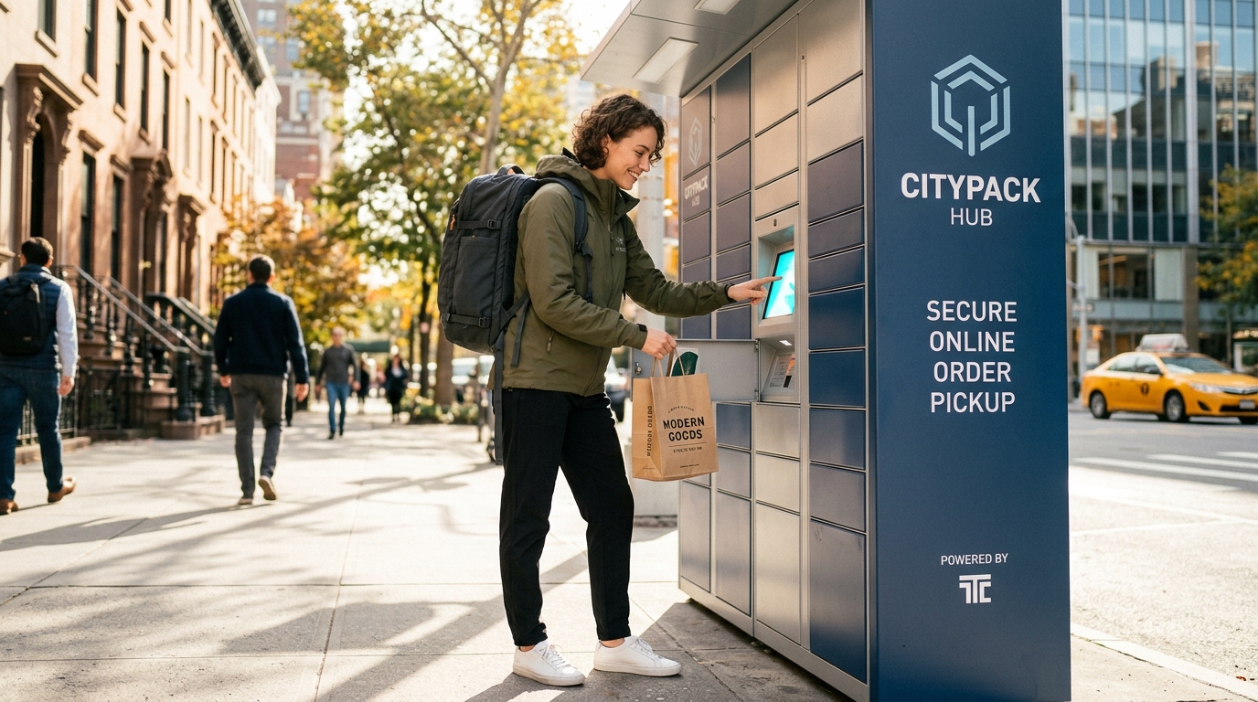A traveler picking up packages in the U.S. using a secure digital delivery locker system.