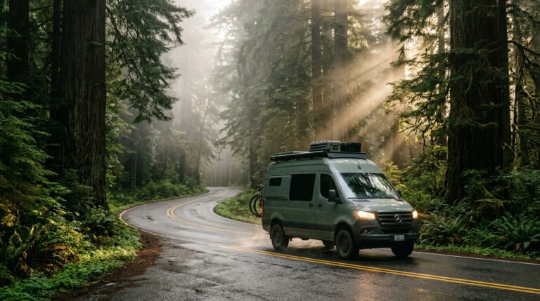 5 Days Craft Beer & Coffee in Portland & Seattle overlanding van cruising down a historic pine-lined highway