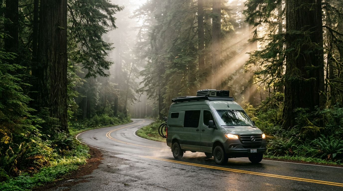 5 Days Craft Beer & Coffee in Portland & Seattle overlanding van cruising down a historic pine-lined highway