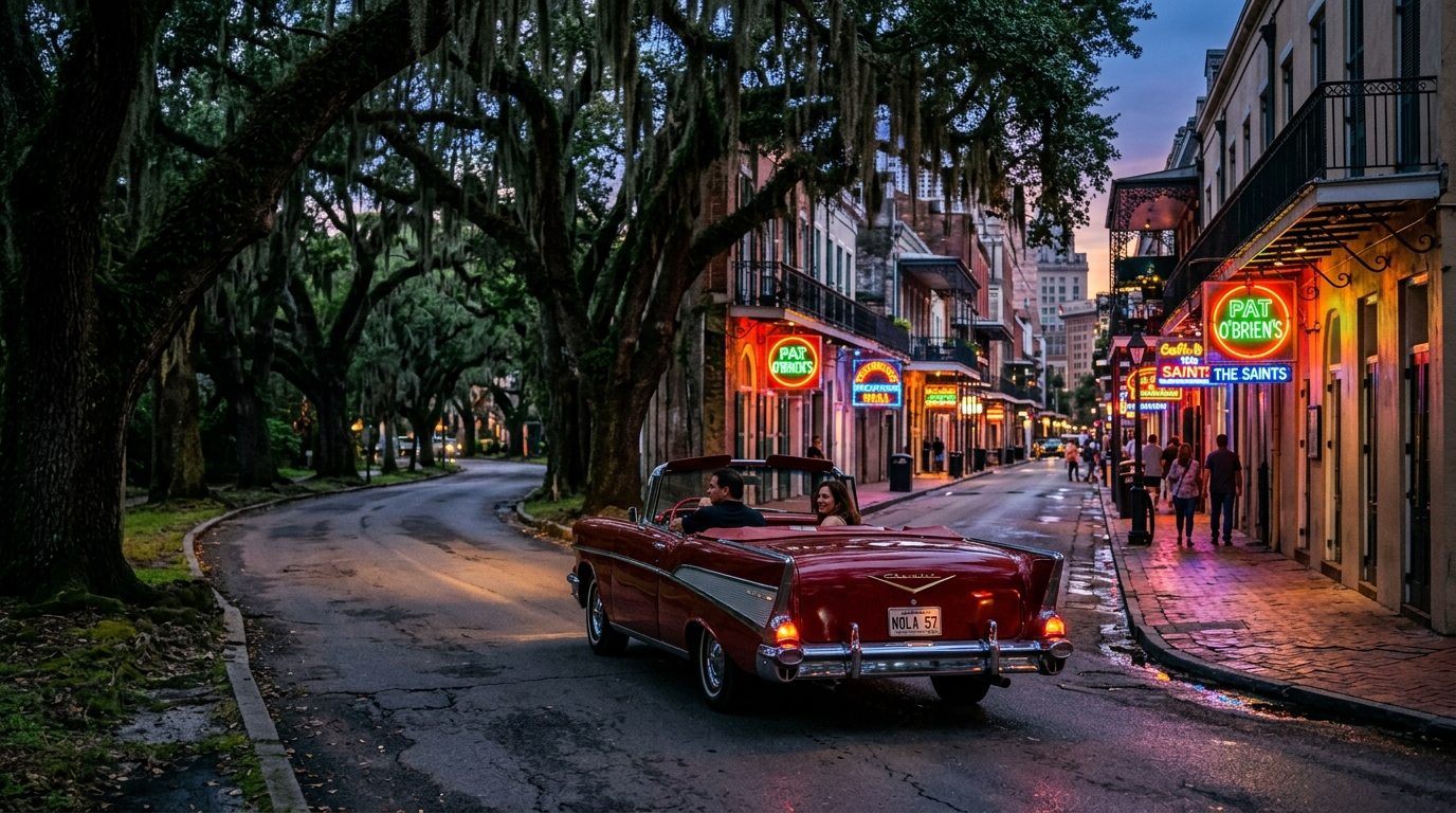 4 Days Foodie Tour in New Orleans classic car driving through historic southern avenues