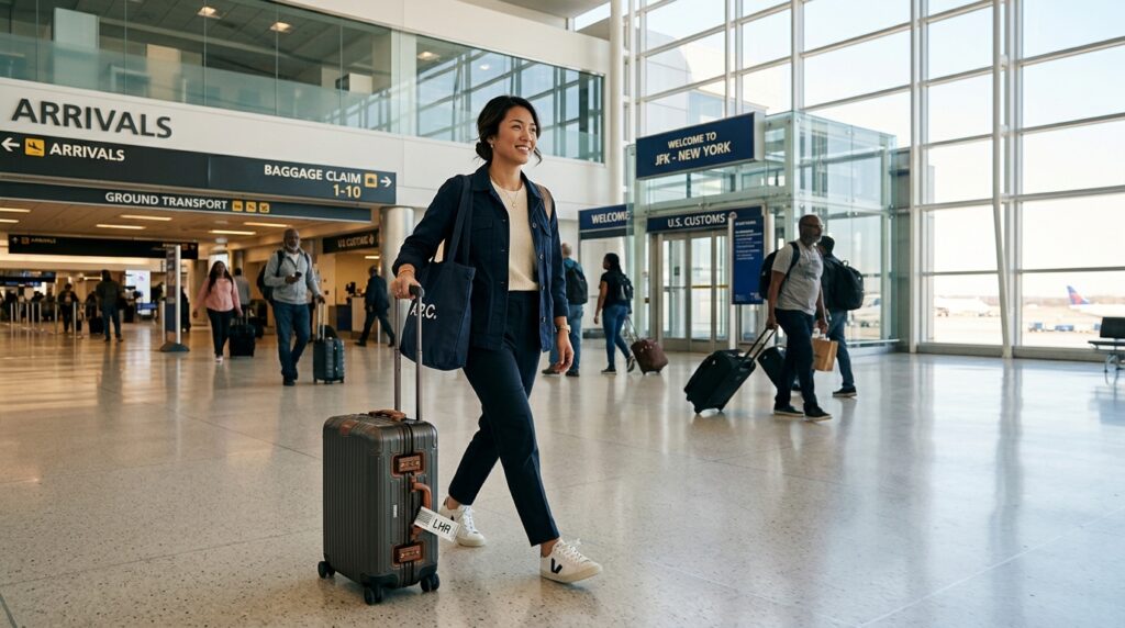 An international traveler clearing customs smoothly after landing in the U.S.
