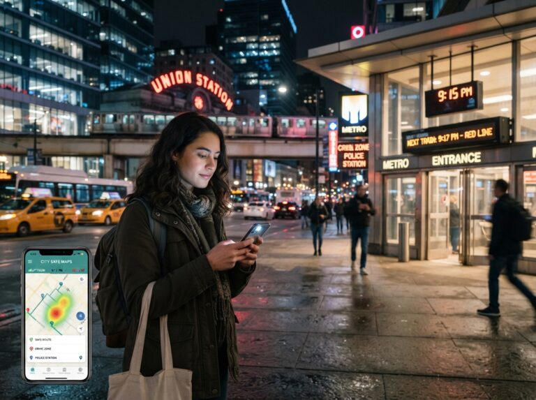 Handle Emergencies in the U.S. solo traveler accessing safety maps on smartphone