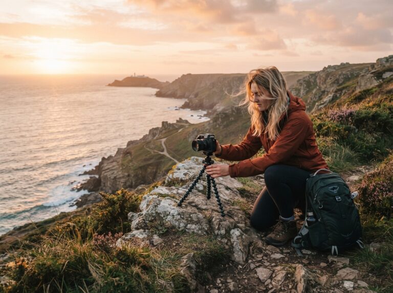 Solo Travel Photography Tips using a flexible tripod on a scenic overlook