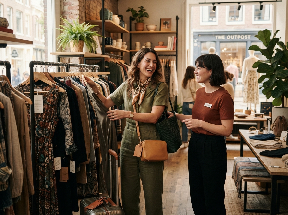 How to Shop Like an American confident woman traveler browsing retail clothing racks