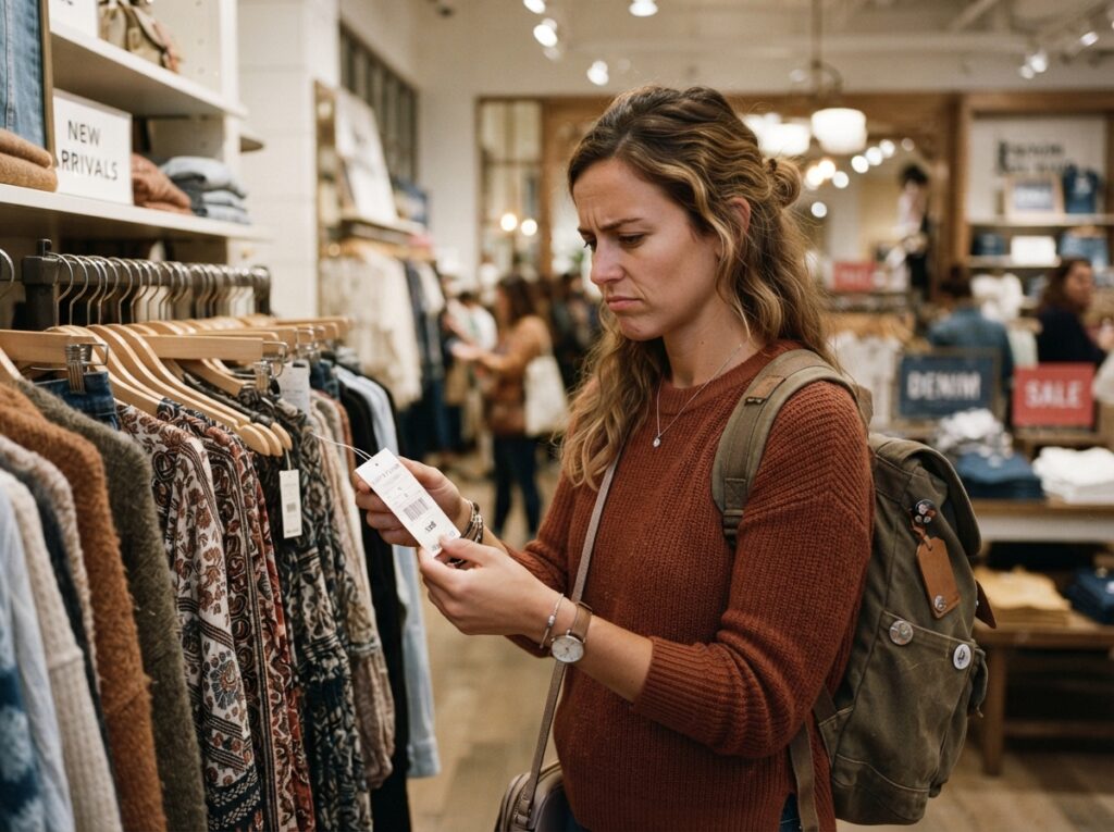What Not to Buy in the U.S. thoughtful woman evaluating retail clothing tags