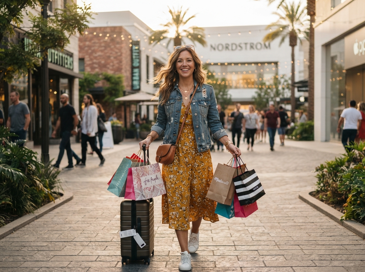 Where to Shop Cheap in the U.S. stylish woman with shopping bags outside retail complex