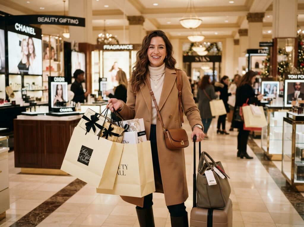 Stylish Gifts & Souvenirs from the U.S. woman traveler holding luxury gift boxes