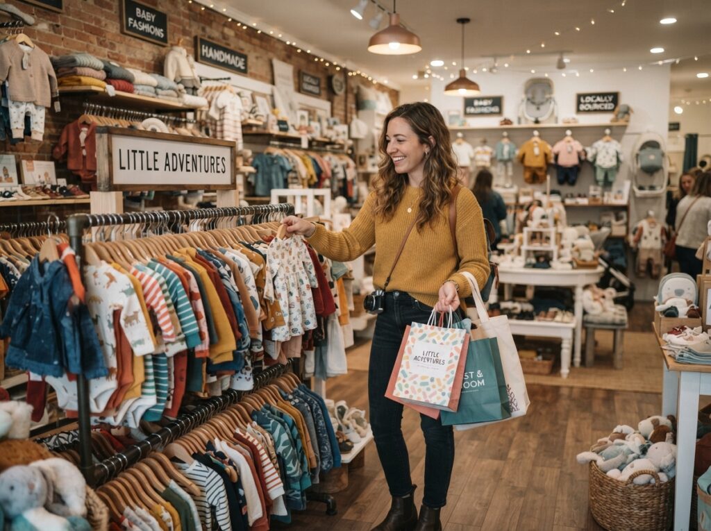 Shopping for Kids in the U.S. stylish woman browsing children clothing racks