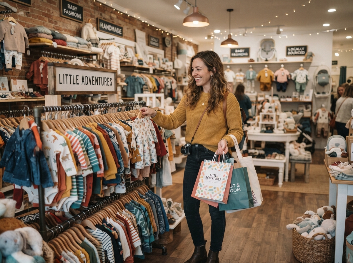 Shopping for Kids in the U.S. stylish woman browsing children clothing racks
